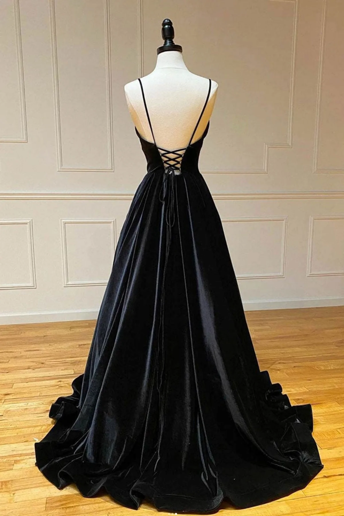 A Line V Neck Backless Black Velvet Long Prom Dresses, V Neck Black Formal Dresses, Black Velvet Evening Dresses  gh2235