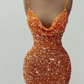 Orange gorgeous shiny V-neck mermaid slim spaghetti straps long sequined ball gown evening dress party dress gh2070