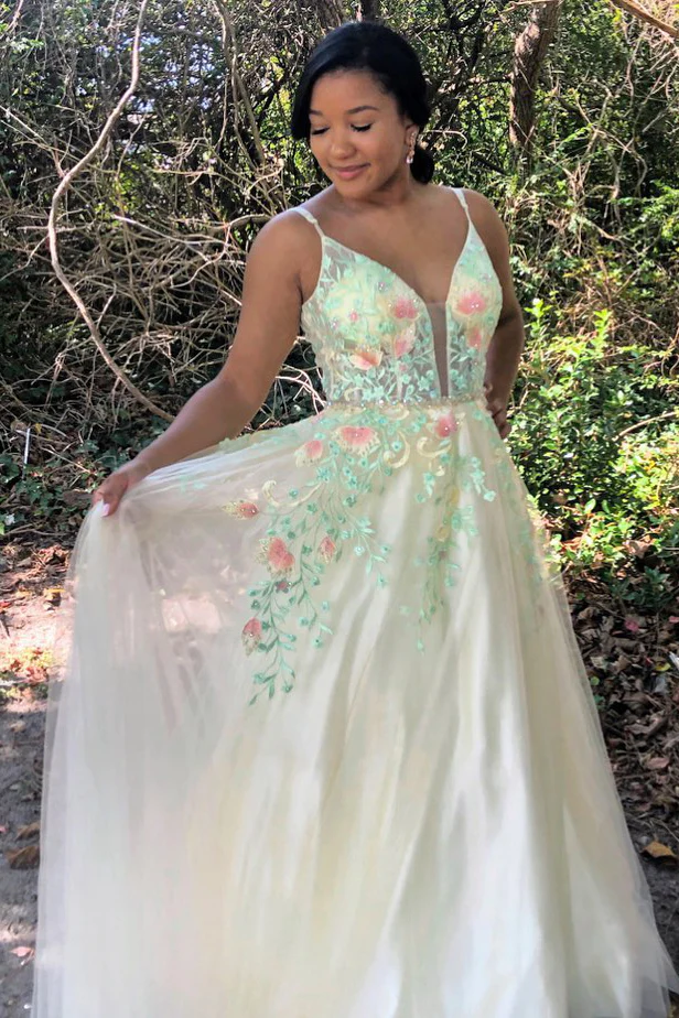 Wunderschöne Träger A-Linie Blumenbesticktes langes Ballkleid gh2456