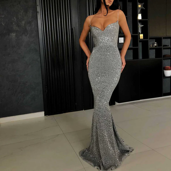 Nobles Glitzer-Silber-langes Kleid Formale Meerjungfrau-Ballkleidergh2018