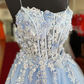 Blaues, herzförmiges, langes Ballkleid aus Tüll mit Spitzenapplikationen gh2313