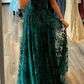 Schulterfreies langes Ballkleid mit grünen Spitzenpailletten und hohem Schlitz, schulterfreies grünes formelles Kleid, grünes Spitzenabendkleid gh2214