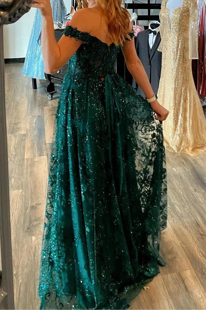 Schulterfreies langes Ballkleid mit grünen Spitzenpailletten und hohem Schlitz, schulterfreies grünes formelles Kleid, grünes Spitzenabendkleid gh2214