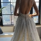 White fantasy square neck slit lace applique long tulle backless bridal gown wedding dress gh2404