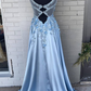Hellblau A-Linie 3D Blumen Satin Langes Ballkleid gh2304