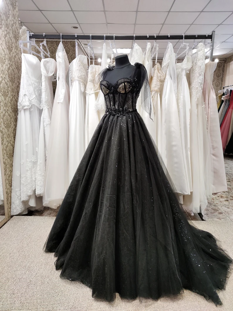 Tüll schwarz Applikation Perlen A-Linie Maxi Korsett Kleid Partykleid schulterfreies Kleid Ballkleid elegantes Abendkleid gh2106