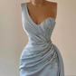 Luxus Sky Blue One-Shoulder-Abschlussballkleid Mermaid Split mit Rüschen gh2061