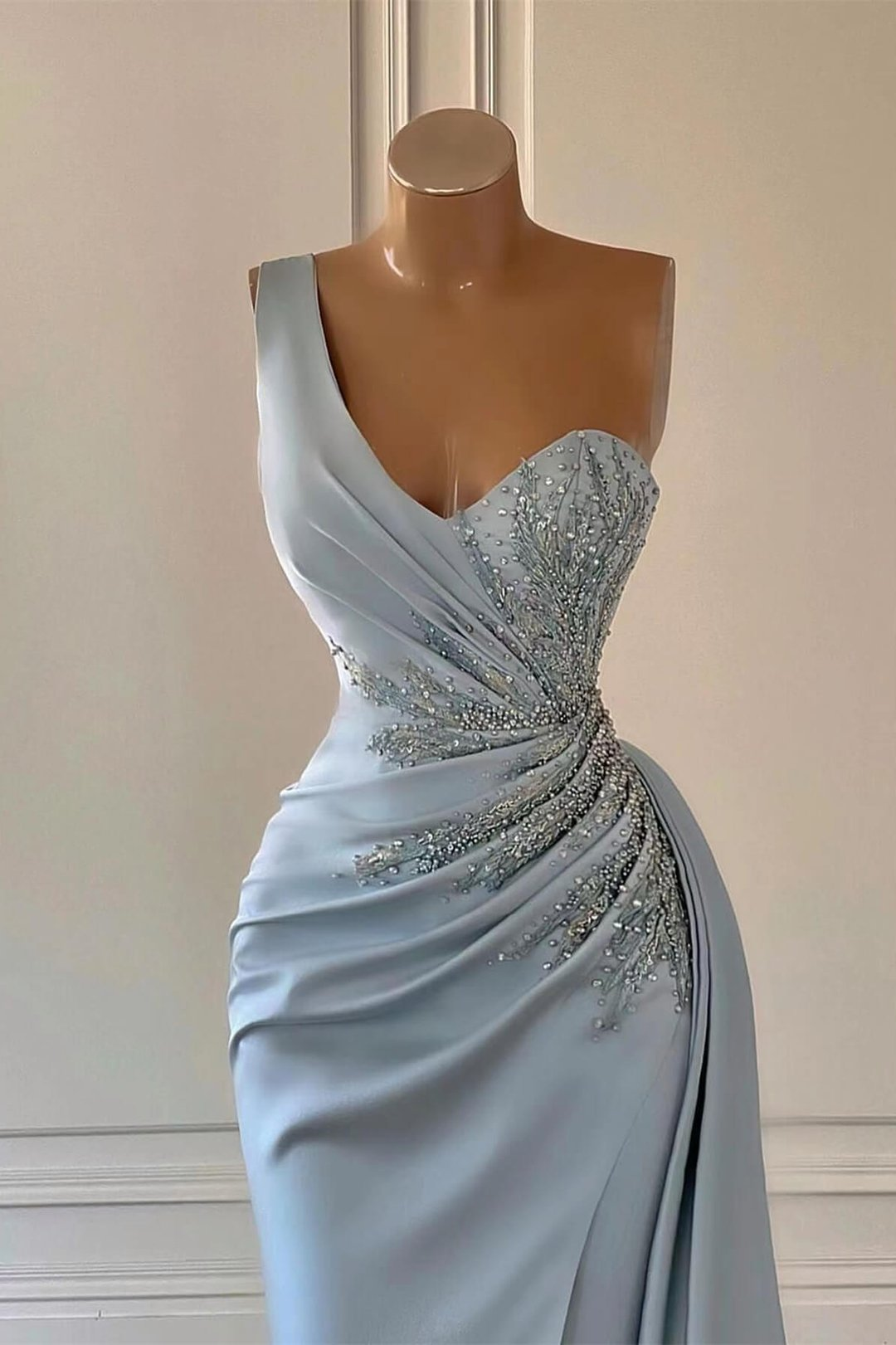 Luxus Sky Blue One-Shoulder-Abschlussballkleid Mermaid Split mit Rüschen gh2061