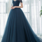 Simple blue off shoulder long prom dress, v neck tulle bridesmaid dress gh2288