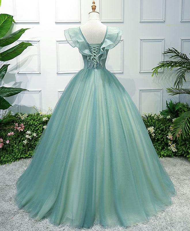 Grünes langes Ballkleid aus Tüll mit V-Ausschnitt, formelle Kleider, grünes Abendkleid gh2194