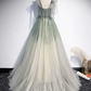 Grau Grün Tüll Pailletten Perlen Langes Abendkleid, Grünes Abendkleid gh2132