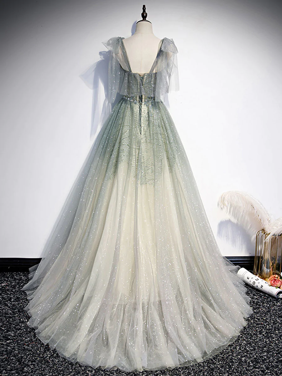 Grau Grün Tüll Pailletten Perlen Langes Abendkleid, Grünes Abendkleid gh2132
