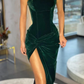 One Shoulder Long Sheather High Slit Prom Dresses, Emerald Green Velvet Prom Dresses  gh2013