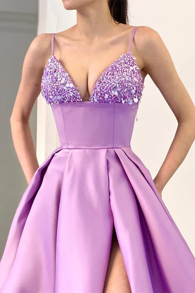 LILA SPAGHETTI-TRÄGER ÄRMELLOSES ABSCHLUSSKLEID LANG GETEILT MIT PAILLETTEN gh2034