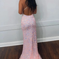 Cute Sparkly Mermaid V Neck Pink Sequins Prom Dresses gh2243