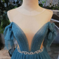 BLUE ROUND NECK TULLE SEQUIN LONG PROM DRESS, BLUE EVENING DRESS gh2206