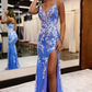 Blue printed embroidered lace V neck long slit ball gown evening dress gh2240