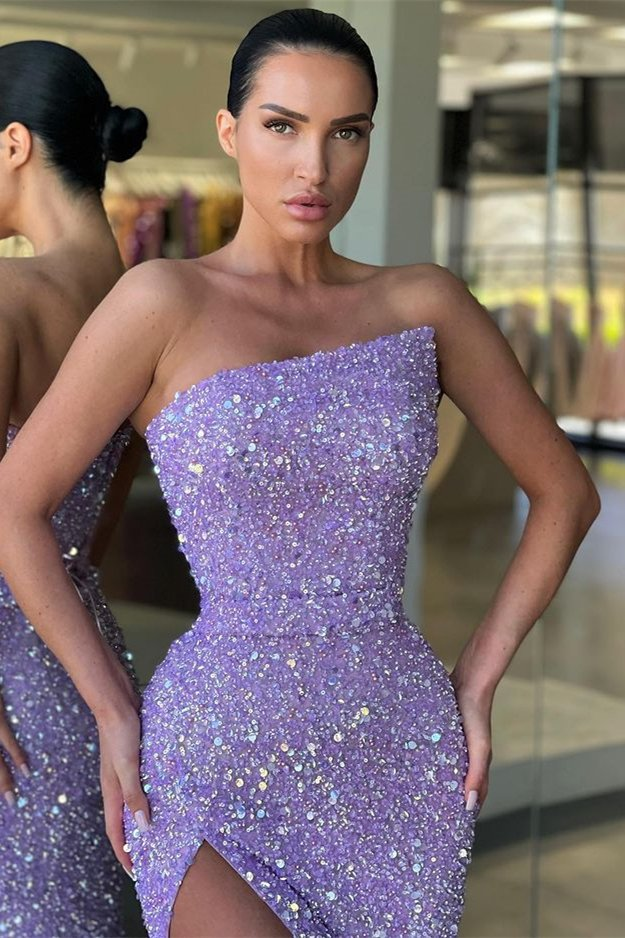 Fabelhaftes lila trägerloses Pailletten-Abendkleid Meerjungfrau lang mit Split gh2038