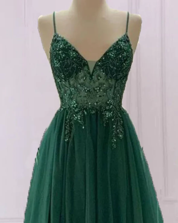 Emerald green beautiful V neck exquisite beading spaghetti straps long tulle handmade custom ball gown evening dress party dress gh2341