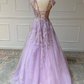 V-Ausschnitt schulterfreies langes lila Spitzen-Abschlussballkleid, schulterfreies lila Spitzen-formales Abschluss-Abendkleid gh2123