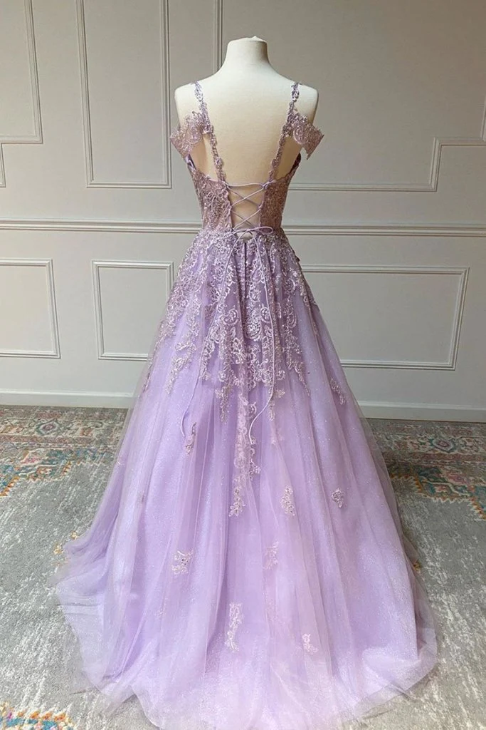 V-Ausschnitt schulterfreies langes lila Spitzen-Abschlussballkleid, schulterfreies lila Spitzen-formales Abschluss-Abendkleid gh2123