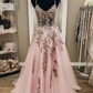 V Neck Backless Pink Lace Long Prom Dress, Long Pink Lace Formal Evening Dress gh2283