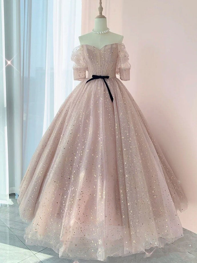 Robe de bal longue en tulle champagne, robe de soirée longue en tulle gh2260
