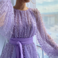 Lila langes Ballkleid aus Tüll mit Rundhalsausschnitt und Perlen, lila Abendkleid gh2150