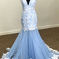 Mermaid V-Neck Lace Appliques Sky Blue Prom Dress  gh2312