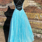Blaues, glänzendes, langes formelles A-Linien-Kleid mit Schnürrücken gh2161