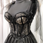 Tüll schwarz Applikation Perlen A-Linie Maxi Korsett Kleid Partykleid schulterfreies Kleid Ballkleid elegantes Abendkleid gh2106