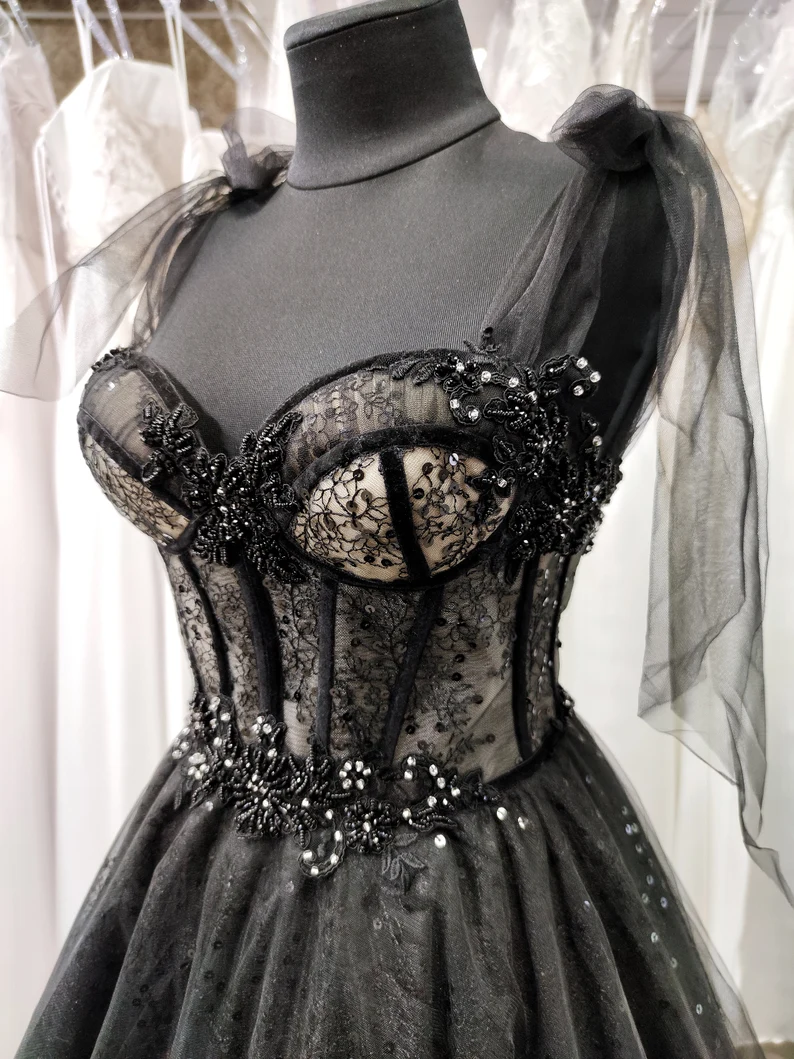 Tüll schwarz Applikation Perlen A-Linie Maxi Korsett Kleid Partykleid schulterfreies Kleid Ballkleid elegantes Abendkleid gh2106