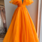 Orangefarbenes, langes, formelles Kleid in A-Linie mit flatternden Ärmeln gh2072