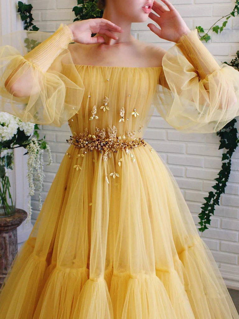 Yellow pretty fairy elegant exquisite beading A-line long sleeve long tulle ball gown evening dress gh2234