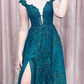 Schulterfreies langes Ballkleid mit grünen Spitzenpailletten und hohem Schlitz, schulterfreies grünes formelles Kleid, grünes Spitzenabendkleid gh2214