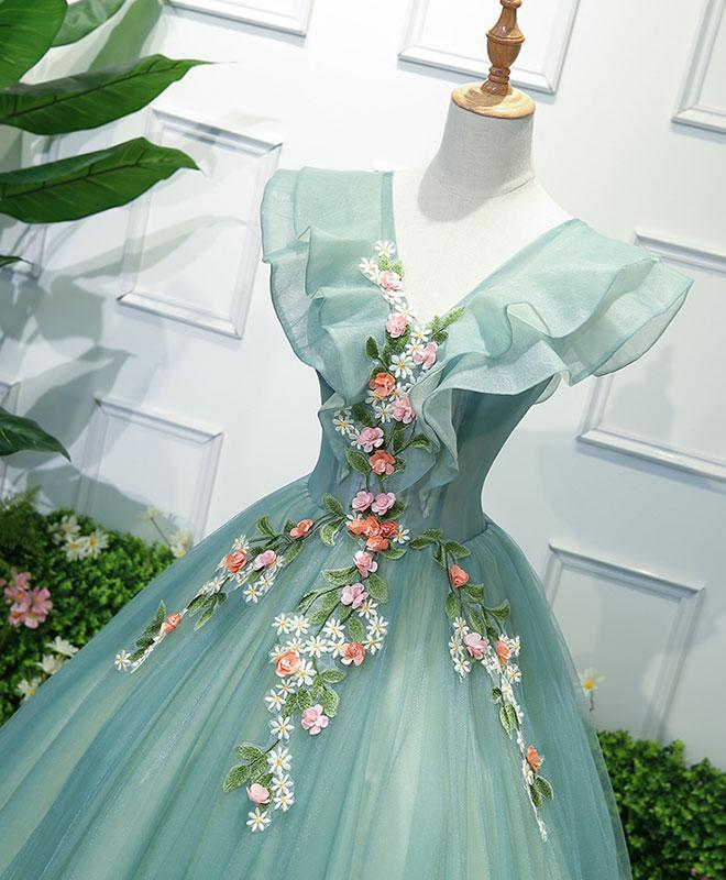 Grünes langes Ballkleid aus Tüll mit V-Ausschnitt, formelle Kleider, grünes Abendkleid gh2194
