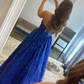 Blau A-Linie Tüll langes Ballkleid mit Pailletten, blaues Tüll Abendkleid gh2213