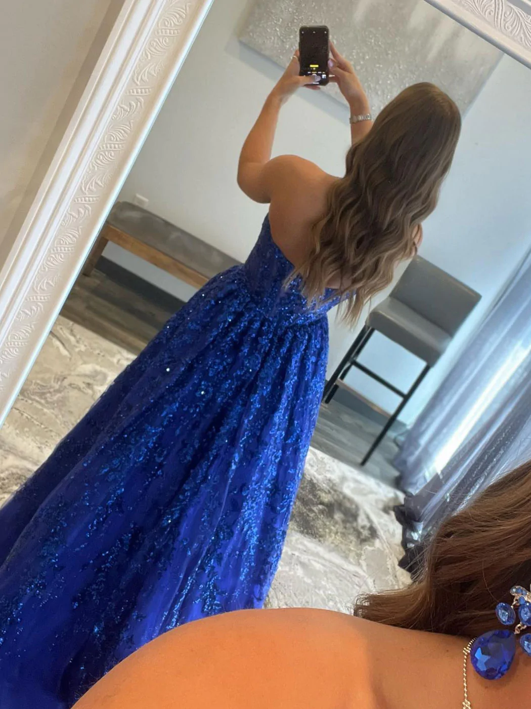Blau A-Linie Tüll langes Ballkleid mit Pailletten, blaues Tüll Abendkleid gh2213