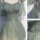 Grau Grün Tüll Pailletten Perlen Langes Abendkleid, Grünes Abendkleid gh2132