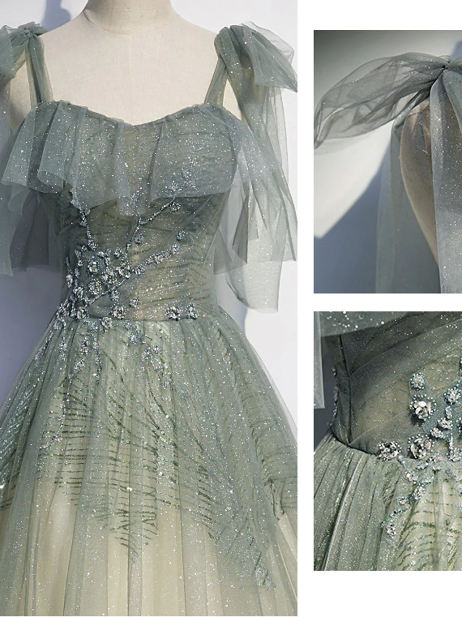 Grau Grün Tüll Pailletten Perlen Langes Abendkleid, Grünes Abendkleid gh2132