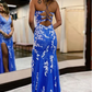 Blue printed embroidered lace V neck long slit ball gown evening dress gh2240