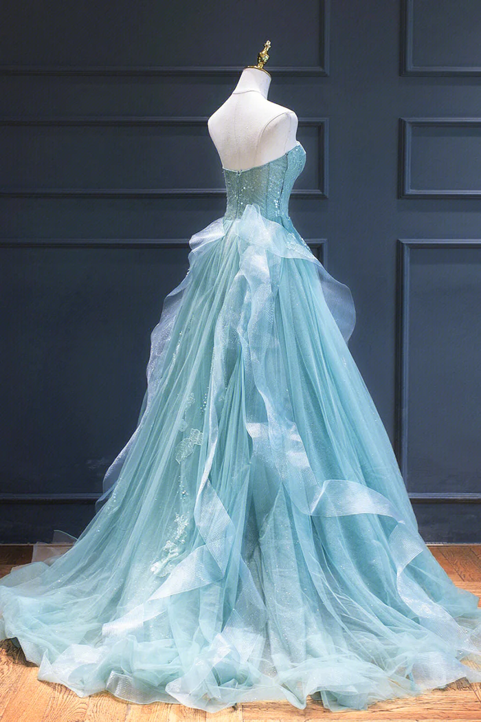 Green Lace Tulle A-Line Long Formal Dress, Green Strapless Evening Dress gh2581