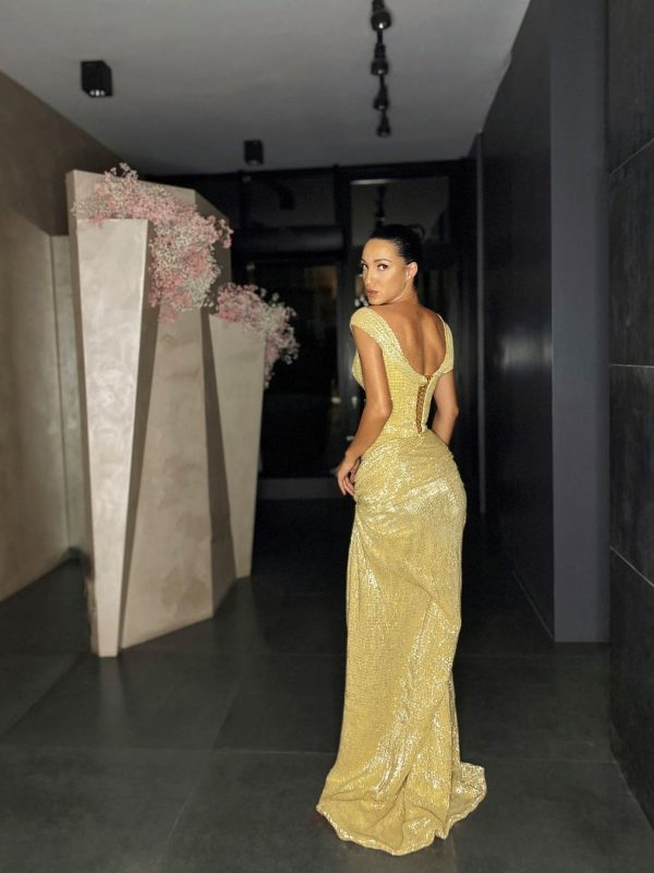Yellow shiny sequins long fashion sleeveless slit sexy ball gown evening dress gh2087