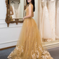 Champagne tulle lace long prom dress, tulle lace evening dress gh2231