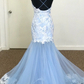 Mermaid V-Neck Lace Appliques Sky Blue Prom Dress  gh2312