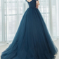 Simple blue off shoulder long prom dress, v neck tulle bridesmaid dress gh2288