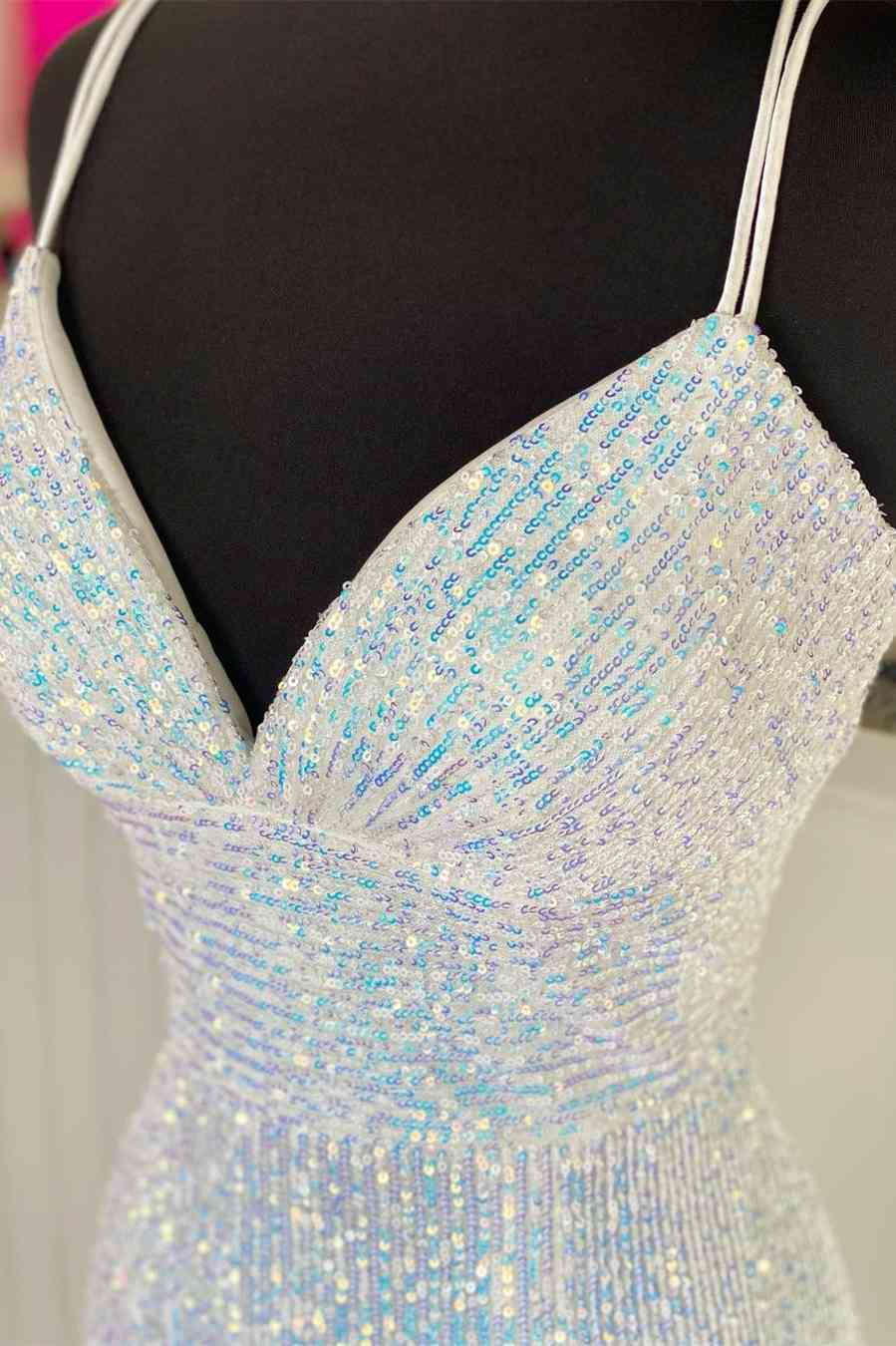 Silber Pailletten V-Ausschnitt Reich Meerjungfrau Langes Ballkleid gh2124