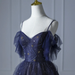 Blaues, wunderschönes, glänzendes Perlen-Spaghettiträger-Tüll-Abendkleid mit Farbverlauf und langen Ärmeln gh2580