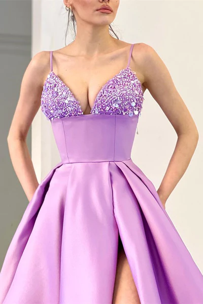 LILA SPAGHETTI-TRÄGER ÄRMELLOSES ABSCHLUSSKLEID LANG GETEILT MIT PAILLETTEN gh2034