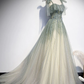Grau Grün Tüll Pailletten Perlen Langes Abendkleid, Grünes Abendkleid gh2132